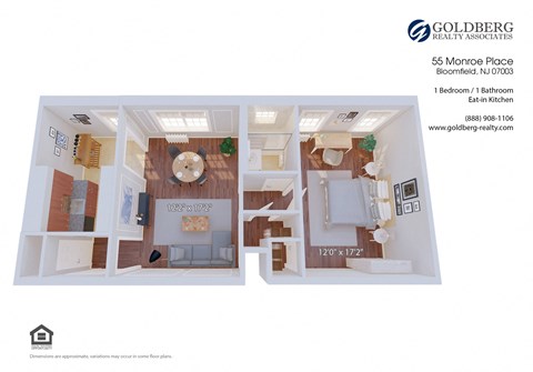 Floor plan for 1 bed, 1 bath, 718 sqft